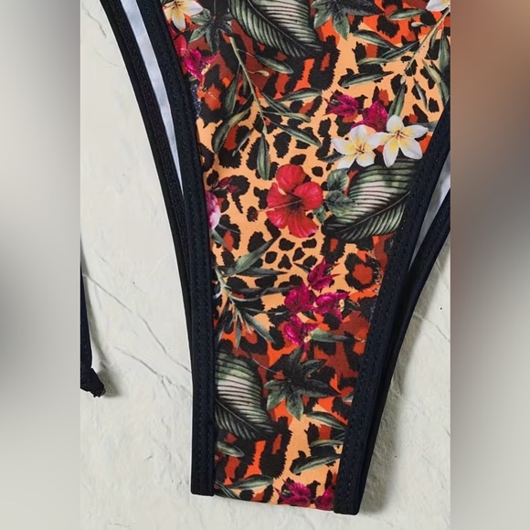 Multicolor Leopard Floral Print Halter Side Tie Cheeky Bikini Set - Picture 8 of 10